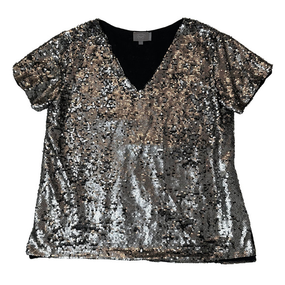 Vanessa Virginia Anthropologie Silver Sequin Short Sleeve Top size Large - Picture 1 of 5